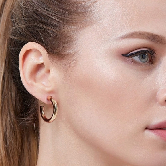 Thick Chunky Open Hoops Earrings, 14K Rose Gold - Picture 2 of 7